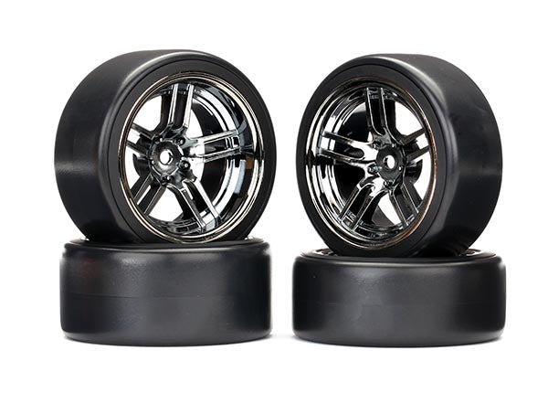 Front and Rear Assembled and Glued Tires & Wheels (Split-Spoke Black Chrome Wheels, 1.9" Drift Tires)