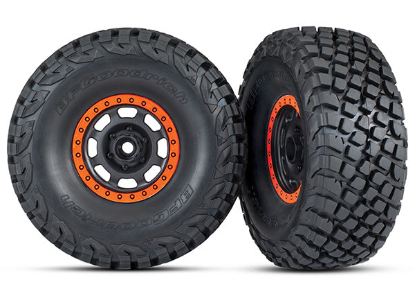 2 Assembled and Glued Tires & Wheels (Desert Racer Wheels, Black With Orange Beadlock, Bfgoodrich Baja Kr3 Tires)