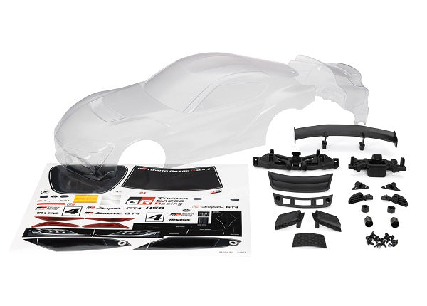 Toyota Supra Gt4 Body (Clear, Trimmed, Requires Painting) / Decal Sheet (Includes Side Mirrors, Spoiler, Grilles, Vents, Hardware, & Clipless Mounting)