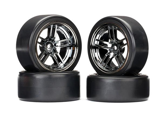 Front and Rear Assembled and Glued Tires & Wheels (Split-Spoke Black Chrome Wheels, 1.9" Drift Tires)