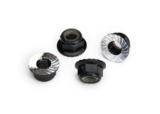 4pk 5mm Flanged Nylon Locking Nuts (Aluminum, Black-Anodized, Serrated)